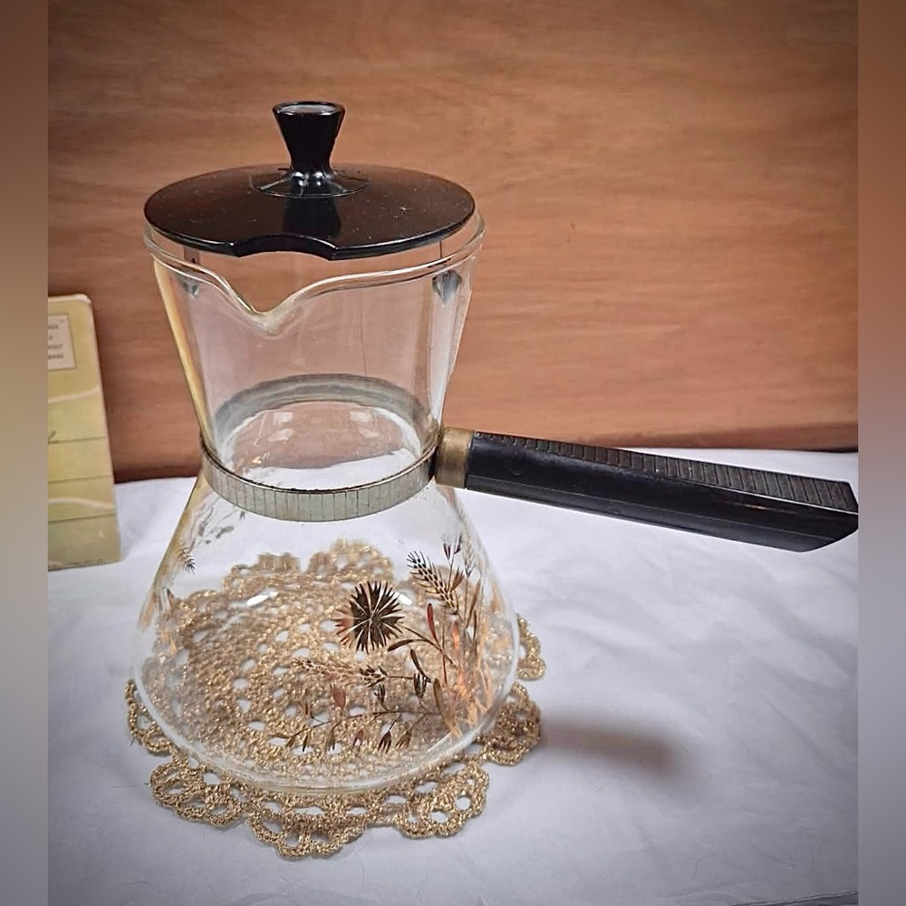 Vintage MCM Retro Coffee Pot - Gold Wheat On Glass DOUGLAS Flame-proof 4 cups